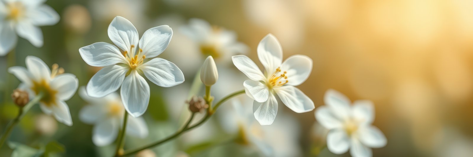Delicate white flowers blooming in a sunlit garden during early spring season